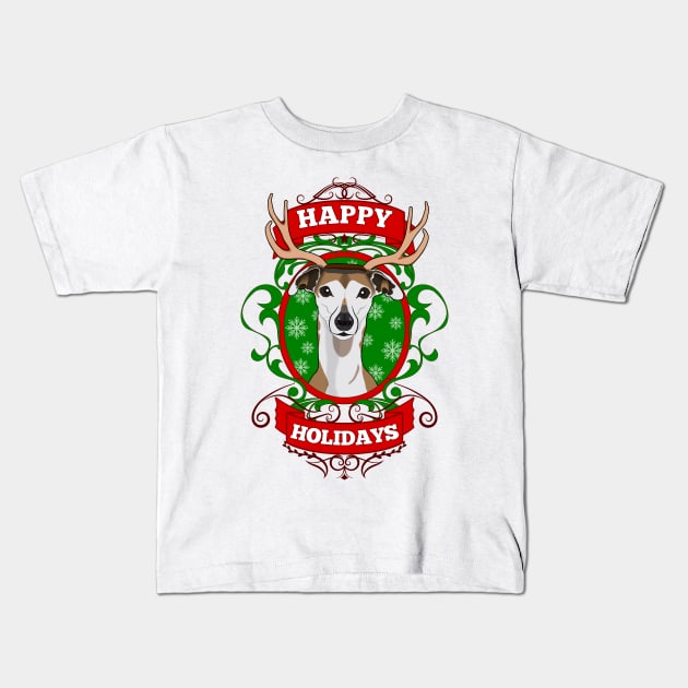 Christmas Happy Holidays Puppy Reindeer Antlers Kids T-Shirt by RongWay